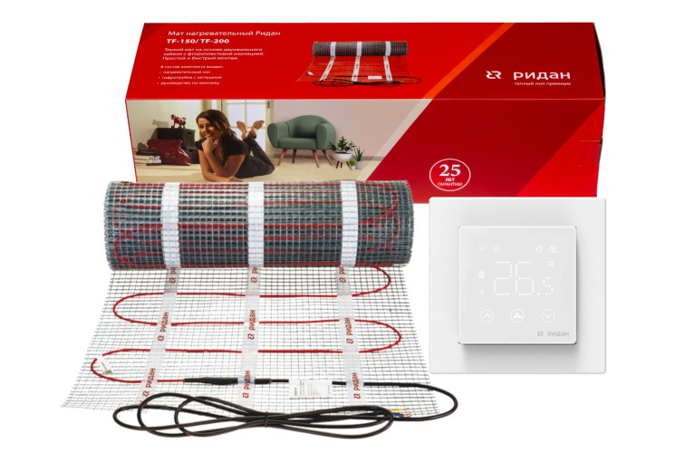 Ridan 21RT1031R — Розничный комплект для теплого пола: нагревательный мат Ridan TF-150 1 м² с терморегулятором Ridan Clever (белый)
