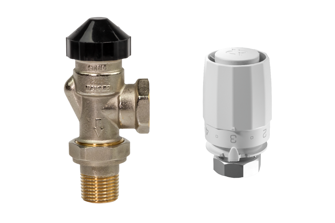 Комплект для двухтрубной системы отопления для радиаторов или конвекторов отопления с боковым подключением: клапан терморегулирующий 013G7048R (Ду15, угловой) + термостатический элемент 003G8001R (присоединение М30х1,5)