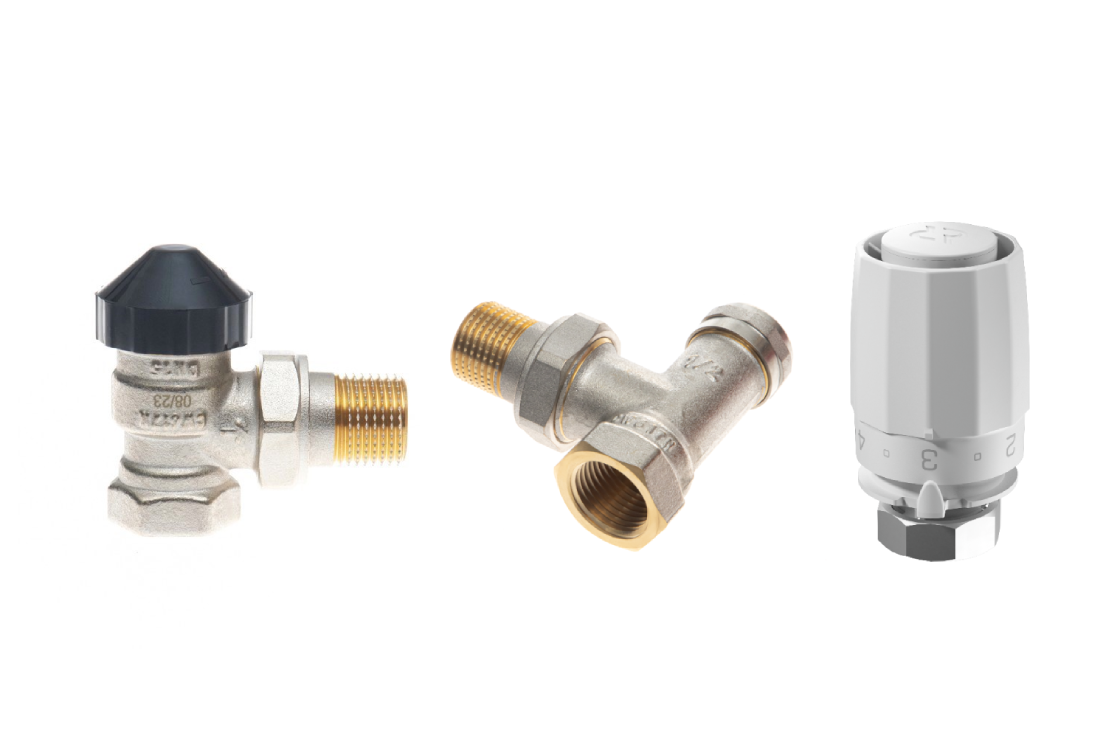 Комплект для двухтрубной системы отопления: клапан терморегулирующий 013G7013R + клапан запорный угловой 003L0143R + термостатический элемент 003G8001R (присоединение М30х1,5)